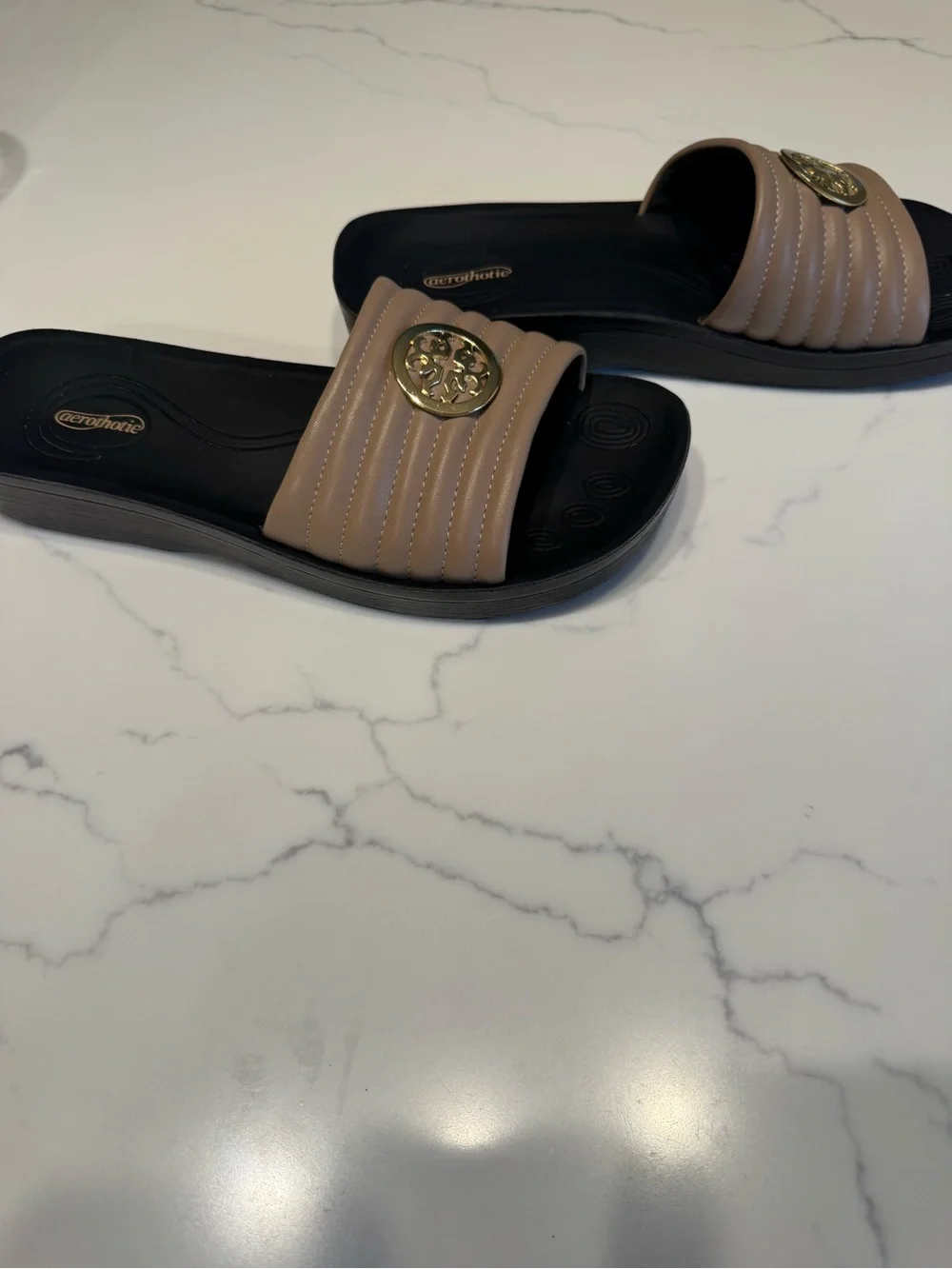Aerothotic Tan Slide Sandals with Gold Emblem NWOT